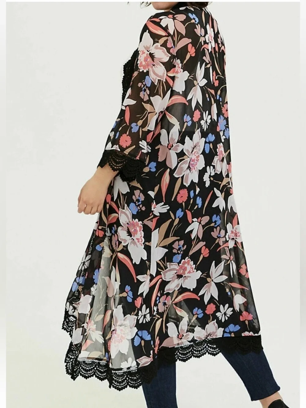 Torrid Floral Lace-Trim Sheer Kimono Duster - Black Floral sz 1X - Picture 2 of 16